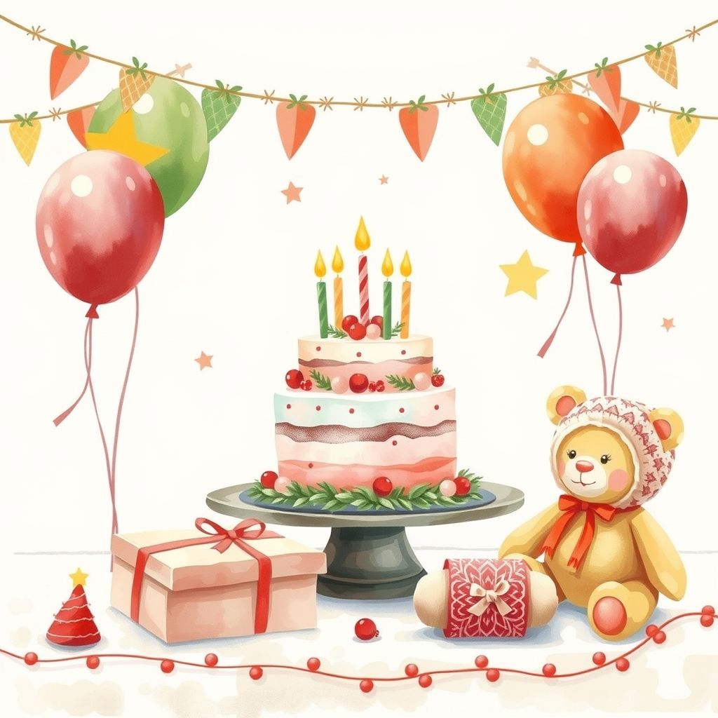 Gâteau de fête aux bougies, ballons, guirlande de fanions et ours en peluche, peints à l'aquarelle