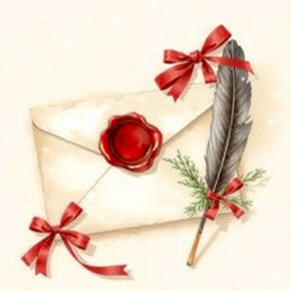 Enveloppe scellée à la cire rouge, rubans et plume d'oie : la lettre au Père Noël est prête à partir