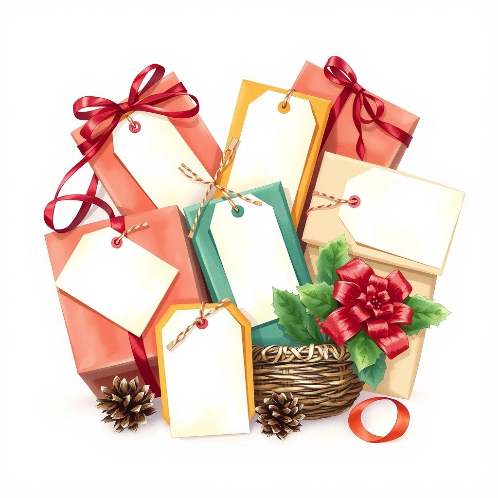 Paquets cadeaux emballés de papier coloré, étiquettes vierges et branche de houx, peints à l'aquarelle