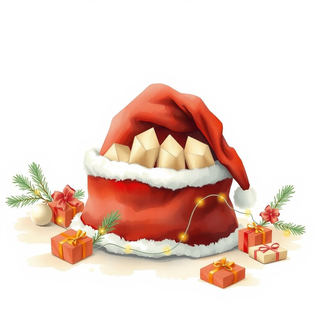 Hotte du Père Noël remplie de petits papiers pliés pour le tirage au sort, entourée de cadeaux et de branches de sapin
